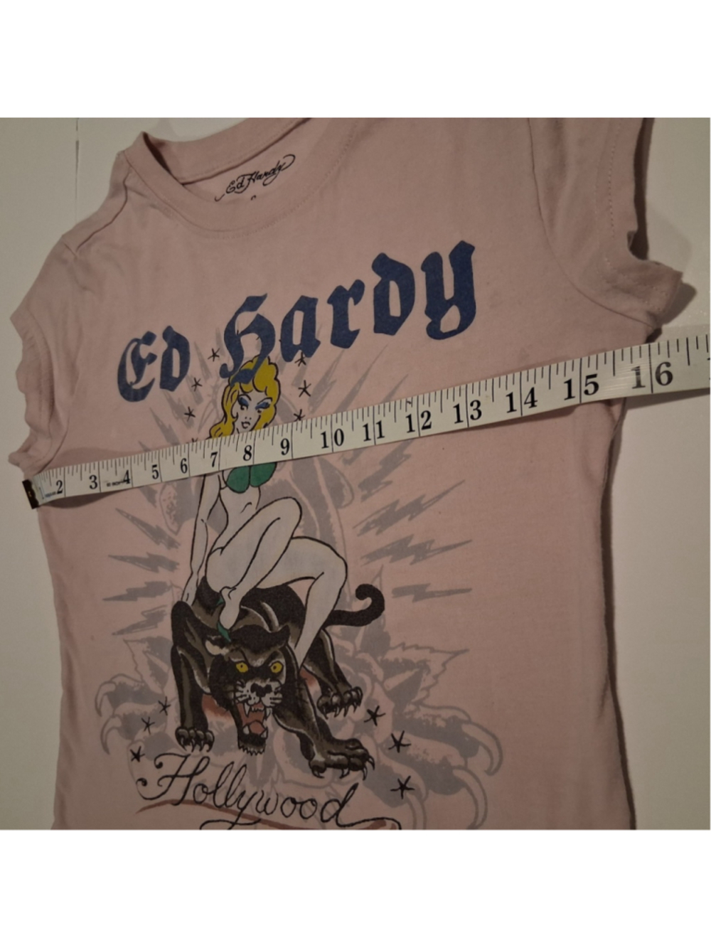 Ed Hardy Women's Small Baby Doll T-shirt Pink Hollywood Pin Up Tattoo Slim Fit - Picture 7 of 8